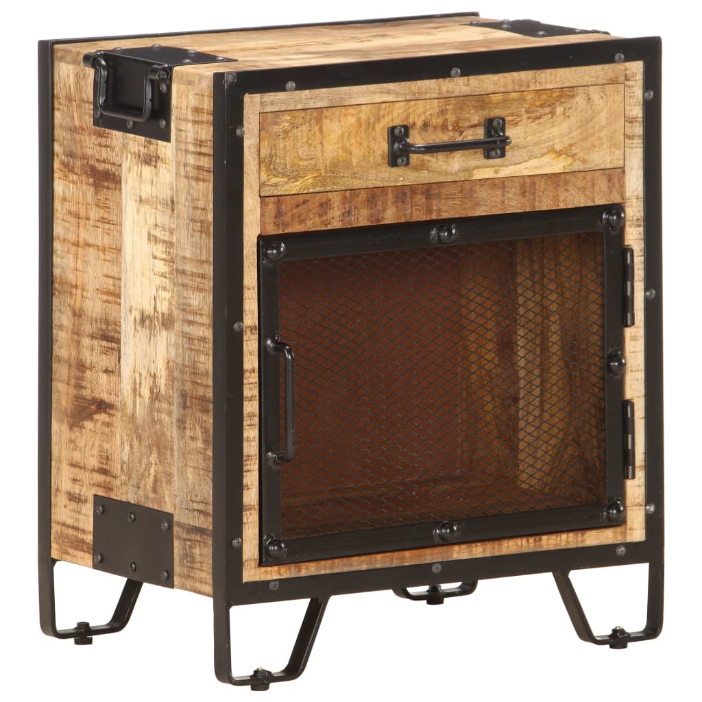 vidaXL Bedside Cabinet | Brown and Black | Solid Rough Mango Wood, Steel