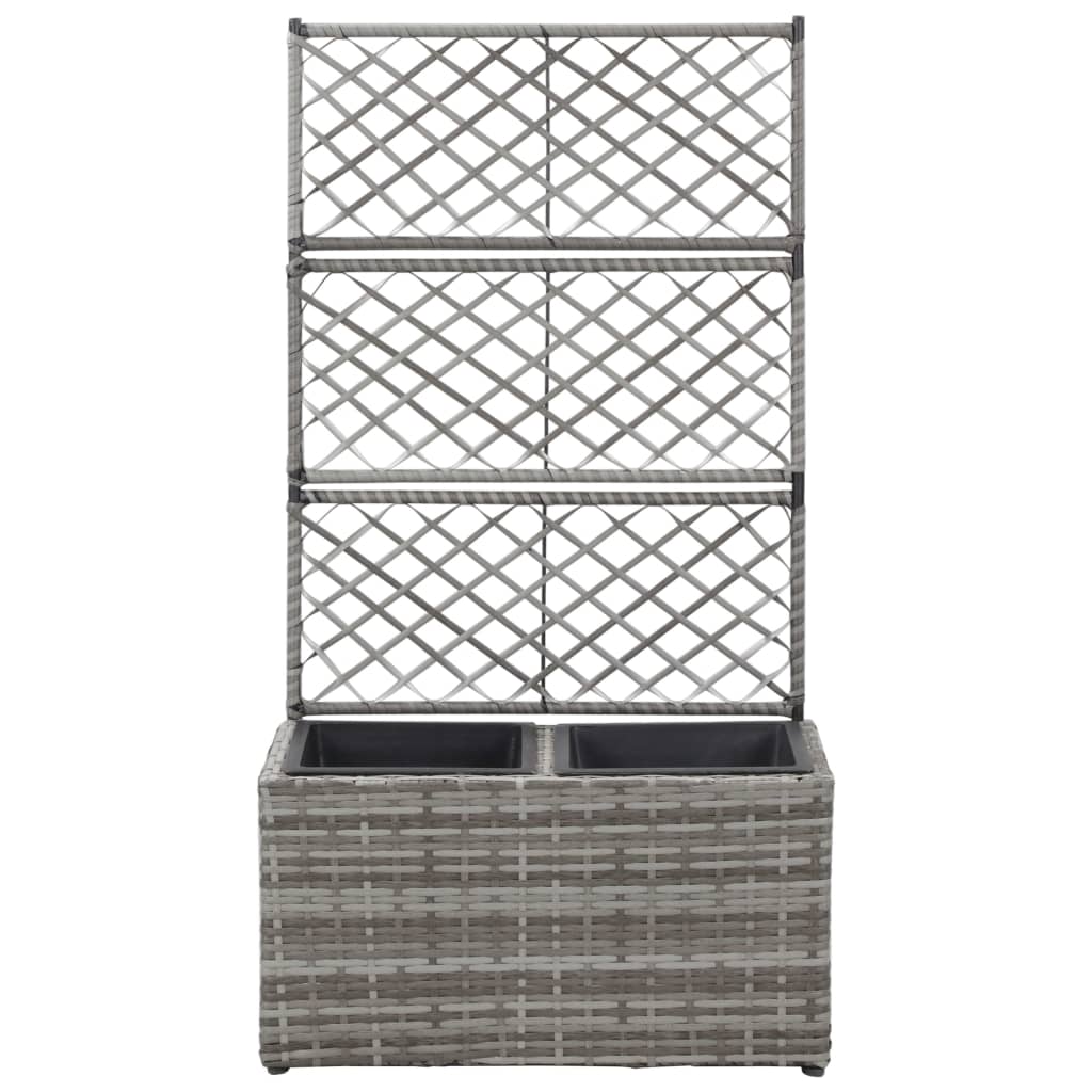 vidaXL Trellis Raised Bed with 2 Pots 58x30x107 cm Poly Rattan Grey