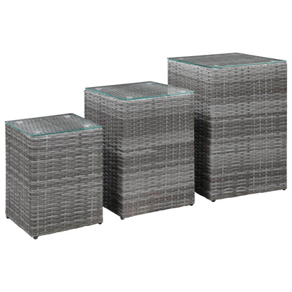 vidaXL Side Tables 3 pcs with Glass Top Grey Poly Rattan