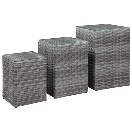 vidaXL Side Tables 3 pcs with Glass Top Grey Poly Rattan