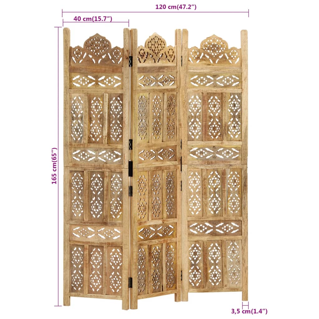 vidaXL Hand carved 3-Panel Room Divider 120x165 cm Solid Mango Wood