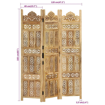 vidaXL Hand carved 3-Panel Room Divider 120x165 cm Solid Mango Wood