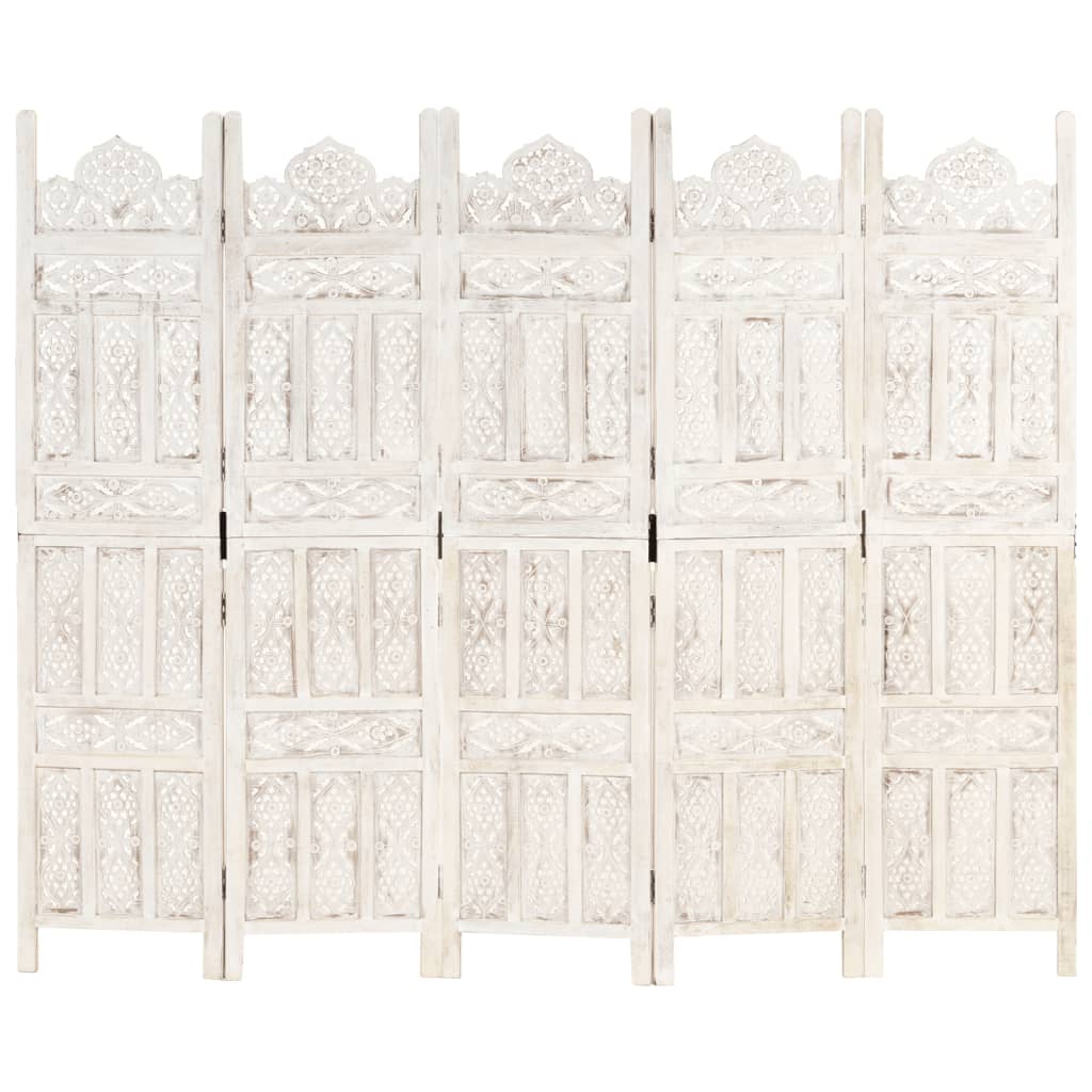 vidaXL Hand carved 5-Panel Room Divider White 200x165 cm Solid Mango Wood