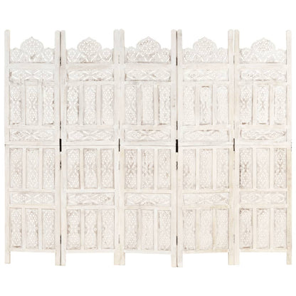 vidaXL Hand carved 5-Panel Room Divider White 200x165 cm Solid Mango Wood