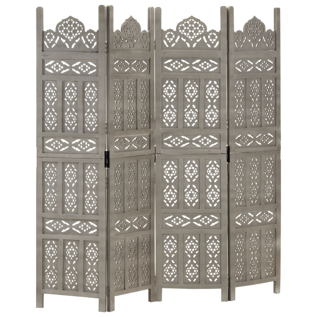 vidaXL Hand carved 4-Panel Room Divider Grey 160x165 cm Solid Mango Wood