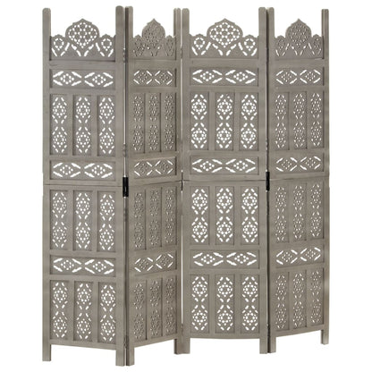 vidaXL Hand carved 4-Panel Room Divider Grey 160x165 cm Solid Mango Wood