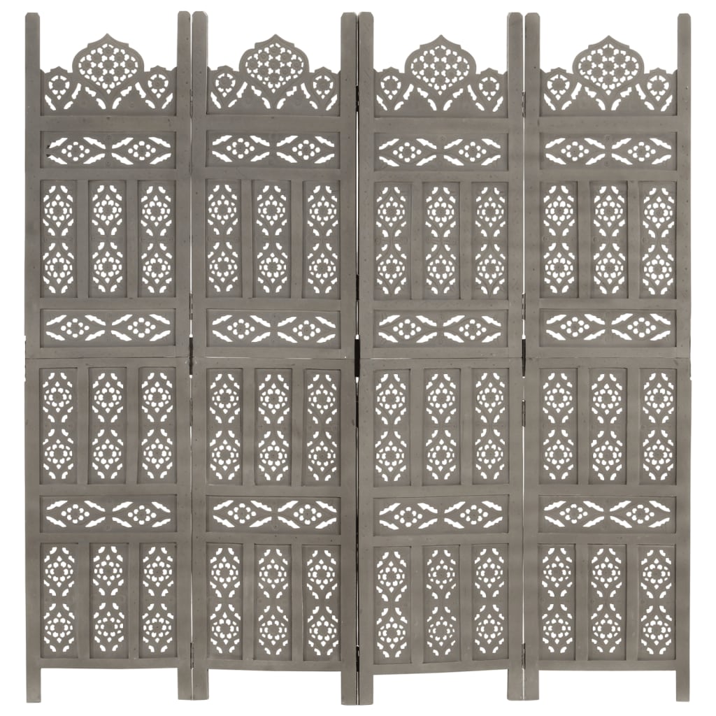 vidaXL Hand carved 4-Panel Room Divider Grey 160x165 cm Solid Mango Wood
