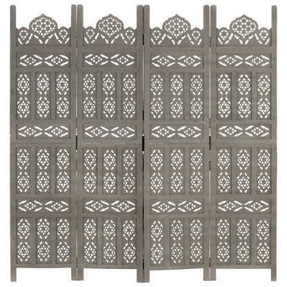 vidaXL Hand carved 4-Panel Room Divider Grey 160x165 cm Solid Mango Wood