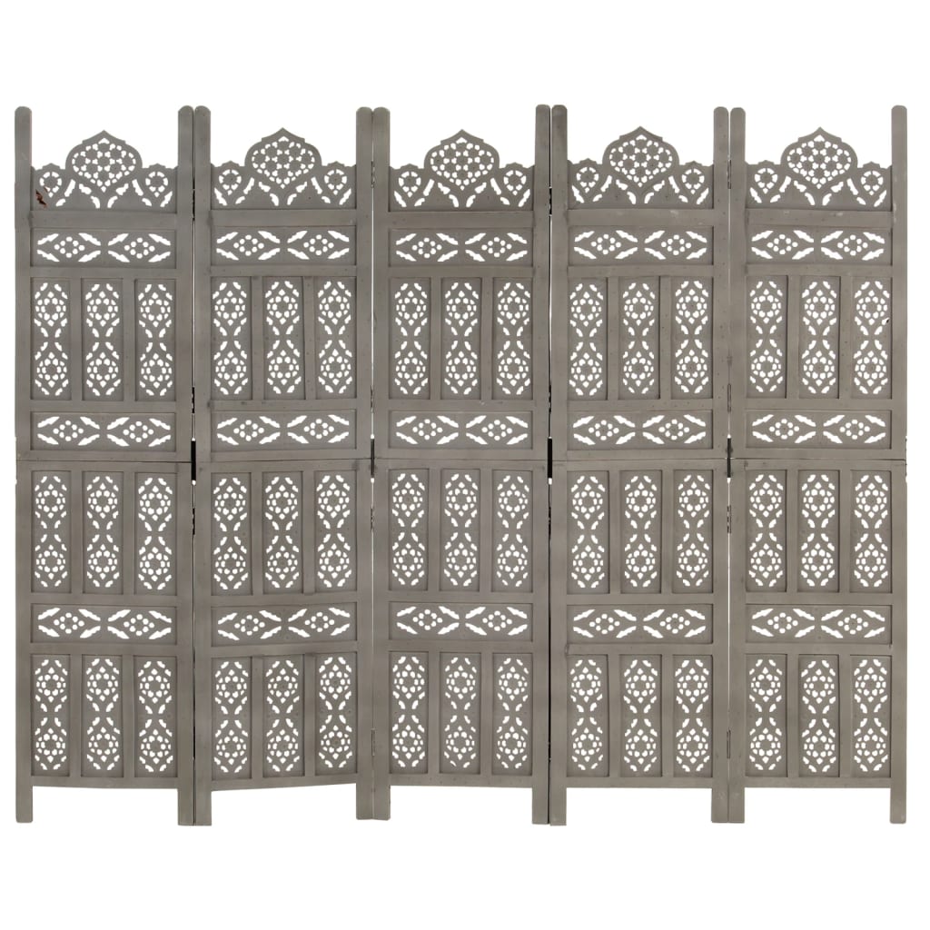 vidaXL Hand carved 5-Panel Room Divider Grey 200x165 cm Solid Mango Wood
