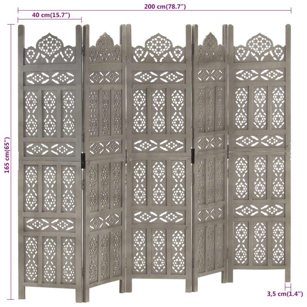 vidaXL Hand carved 5-Panel Room Divider Grey 200x165 cm Solid Mango Wood