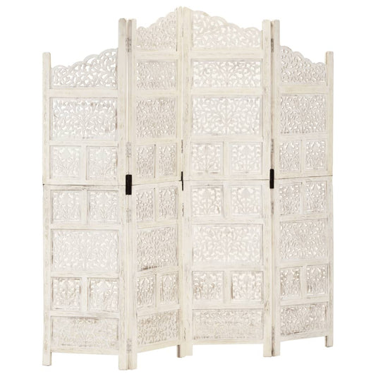 vidaXL Hand carved 4-Panel Room Divider White 160x165 cm Solid Mango Wood