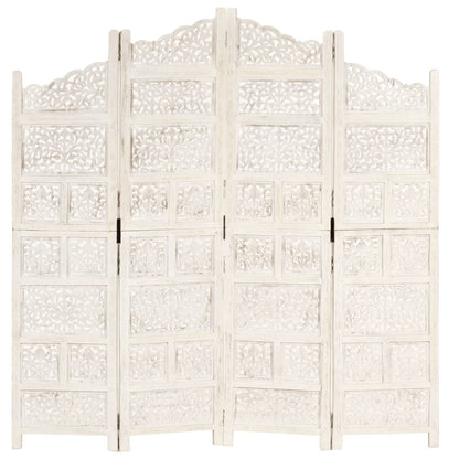 vidaXL Hand carved 4-Panel Room Divider White 160x165 cm Solid Mango Wood
