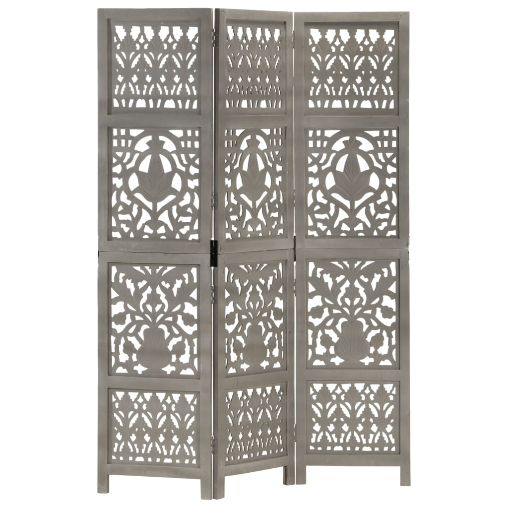 vidaXL Hand Carved 3-Panel Room Divider Grey 120x165 cm Solid Mango Wood