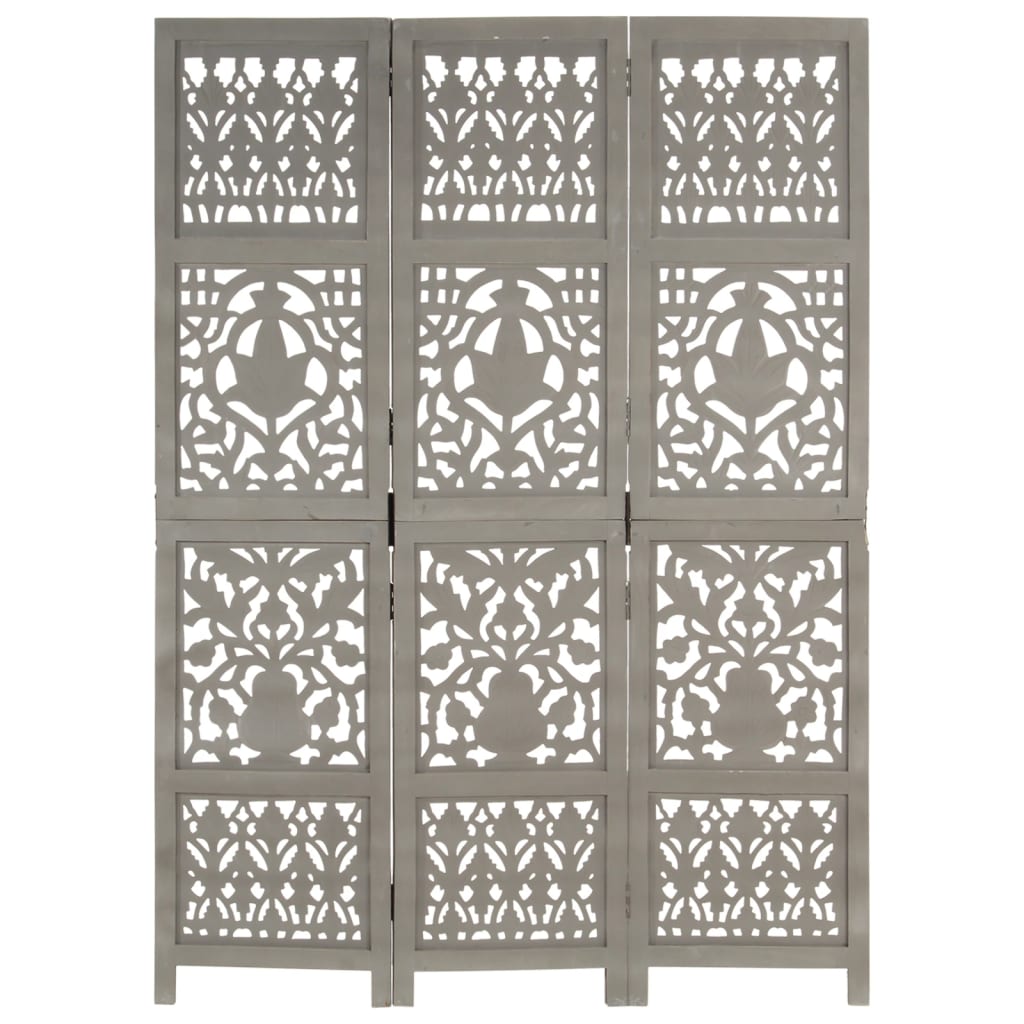 vidaXL Hand Carved 3-Panel Room Divider Grey 120x165 cm Solid Mango Wood