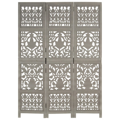 vidaXL Hand Carved 3-Panel Room Divider Grey 120x165 cm Solid Mango Wood