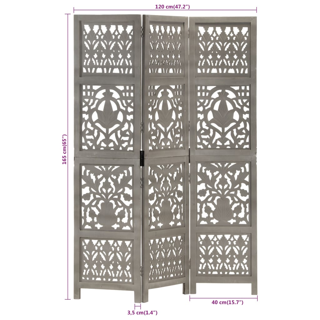 vidaXL Hand Carved 3-Panel Room Divider Grey 120x165 cm Solid Mango Wood