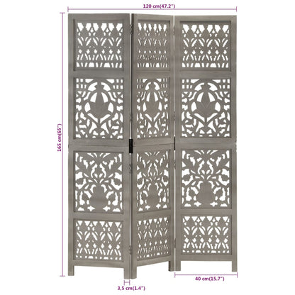 vidaXL Hand Carved 3-Panel Room Divider Grey 120x165 cm Solid Mango Wood