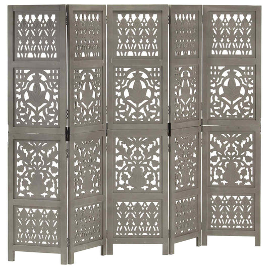 vidaXL Hand Carved 5-Panel Room Divider Grey 200x165 cm