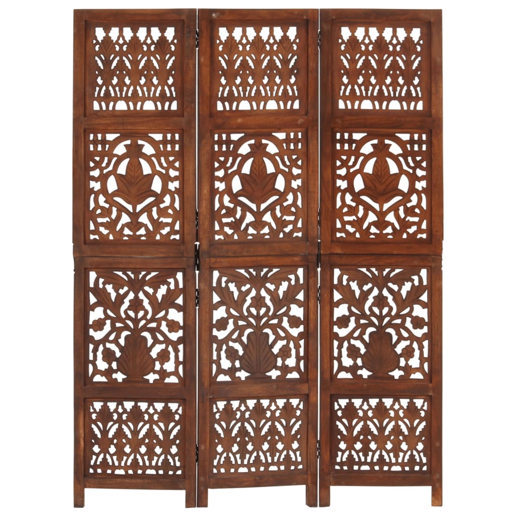 vidaXL Hand Carved 3-Panel Room Divider Brown 120x165 cm Solid Mango Wood