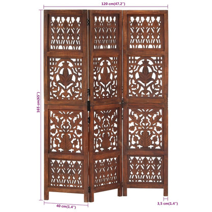 vidaXL Hand Carved 3-Panel Room Divider Brown 120x165 cm Solid Mango Wood