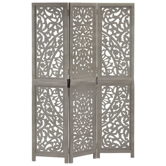 vidaXL Hand carved 3-Panel Room Divider Grey 120x165 cm Solid Mango Wood