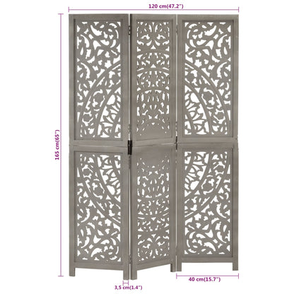vidaXL Hand carved 3-Panel Room Divider Grey 120x165 cm Solid Mango Wood