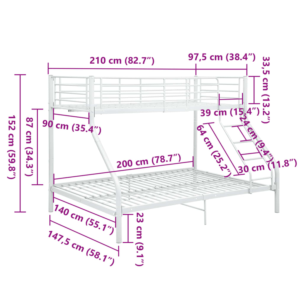 vidaXL Bunk Bed | White | Powder-Coated Metal | 90x200 cm / 140x200 cm
