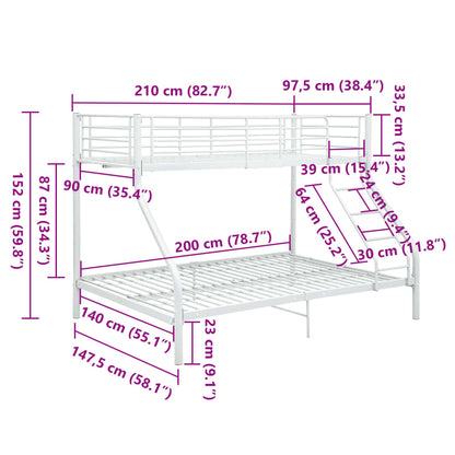 vidaXL Bunk Bed | White | Powder-Coated Metal | 90x200 cm / 140x200 cm