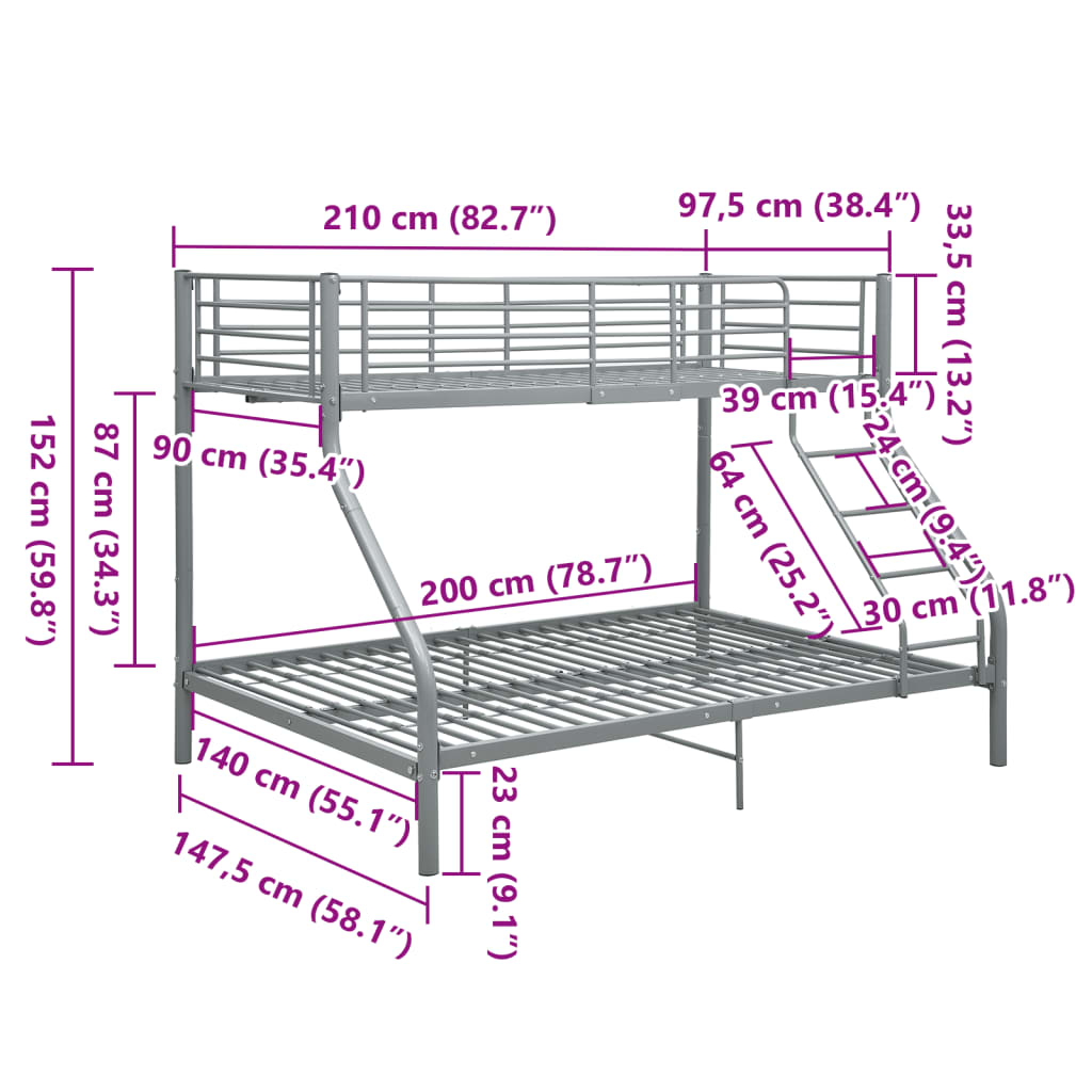 vidaXL Bunk Bed | Grey | Powder-Coated Steel | Twin and Full |  Durable