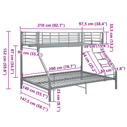 vidaXL Bunk Bed | Grey | Powder-Coated Steel | Twin and Full |  Durable