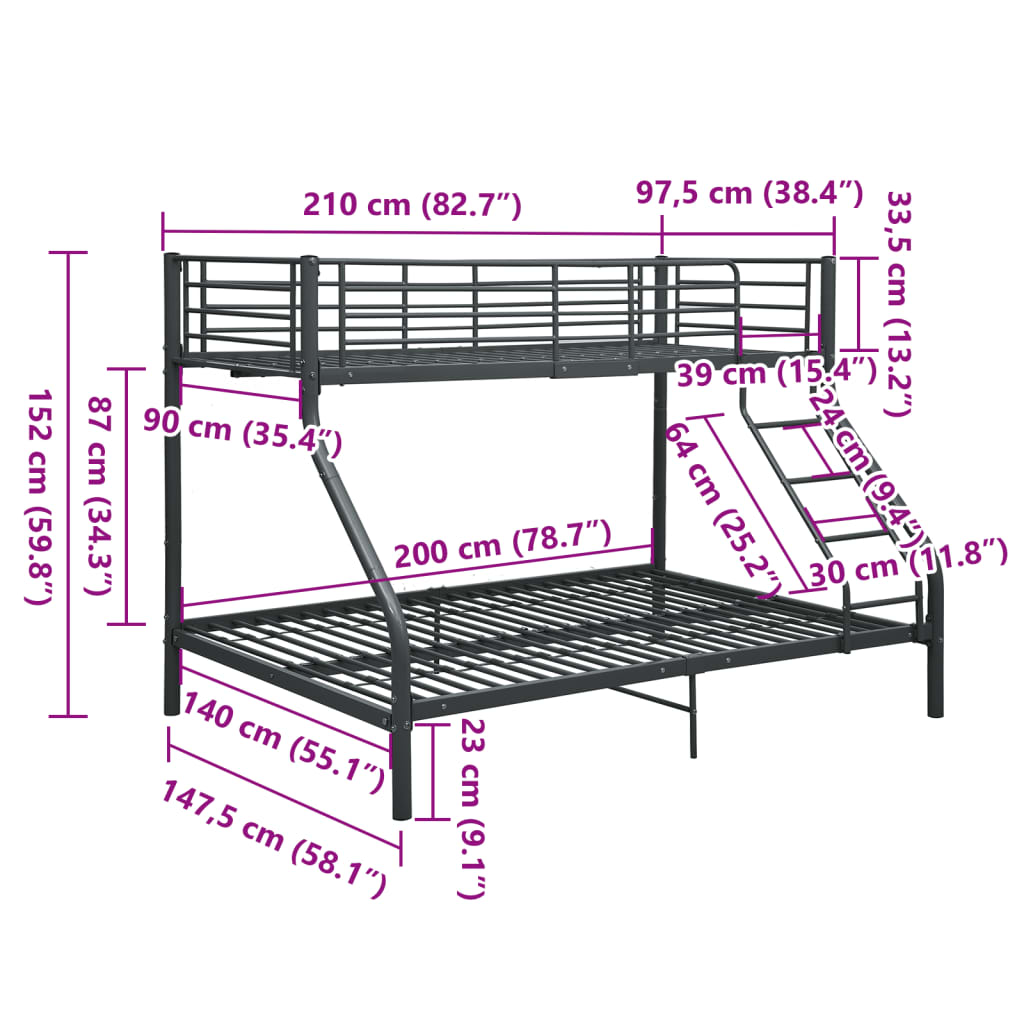 vidaXL Bunk Bed Frame without Mattress Black Metal 140x200 cm/90x200 cm