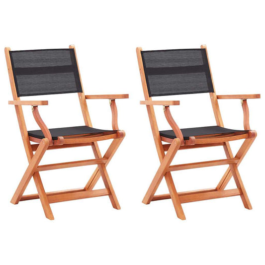 vidaXL Folding Chairs 2 pcs Black Solid Eucalyptus Wood and Textilene