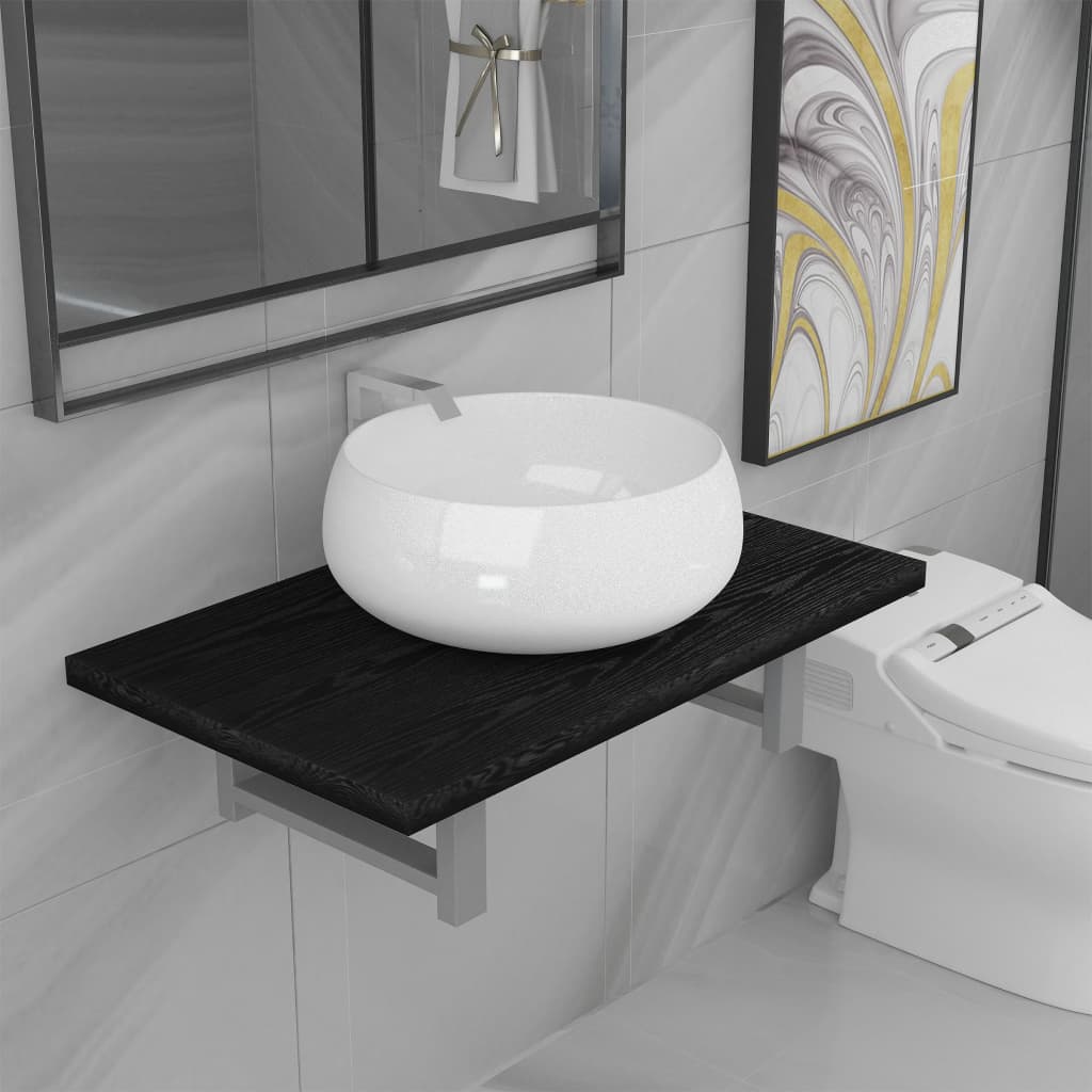 vidaXL Bathroom Furniture Set | Black, White | Engineered wood, Ceramic | Medium