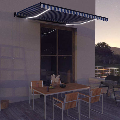 vidaXL Manual Awning with Solar LED 4 x 3 m Blue and White Stripe
