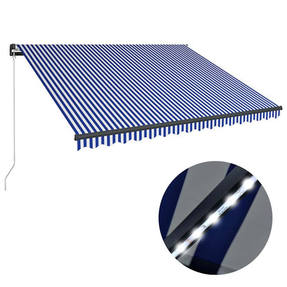 vidaXL Manual Awning with Solar LED 4.5 x 3 m Blue and White Stripe
