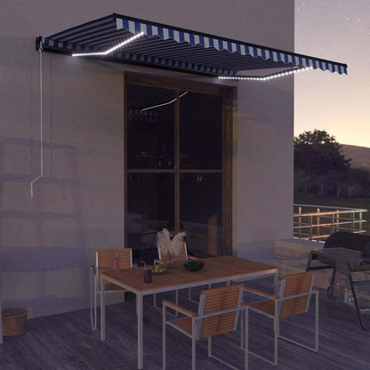vidaXL Manual Awning with Solar LED 4.5 x 3 m Blue and White Stripe