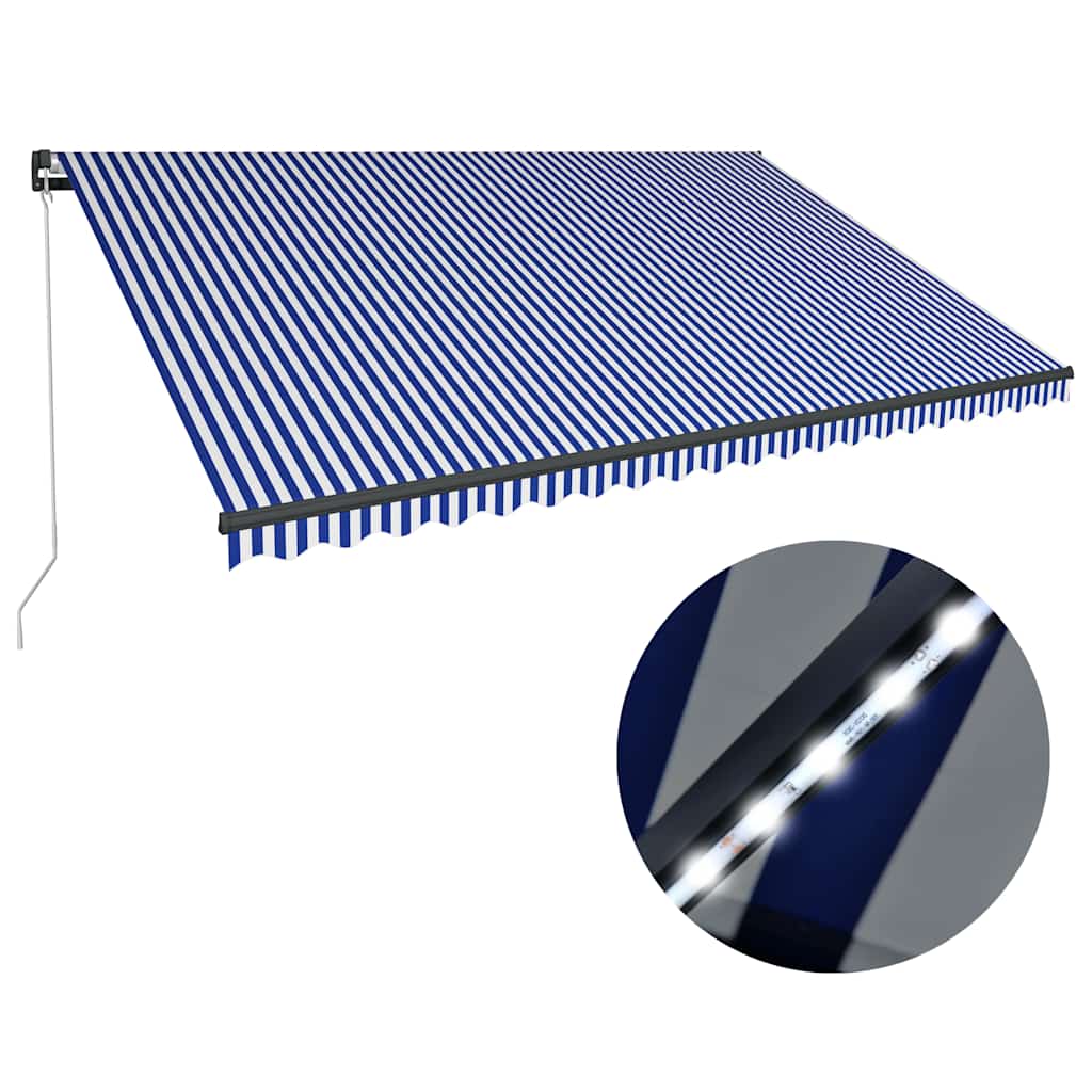 vidaXL Manual Awning with Solar LED 5 x 3 m Blue and White Stripe
