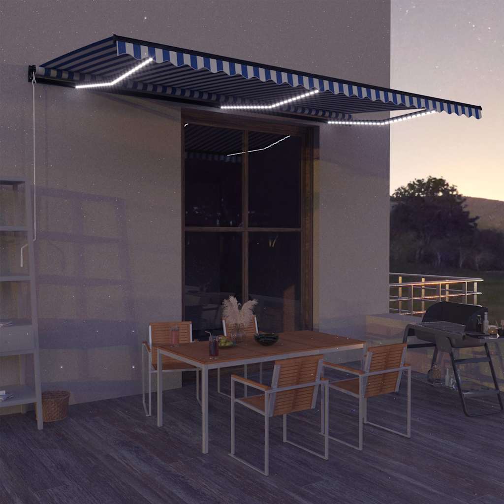 vidaXL Manual Awning with Solar LED 6 x 3 m Blue and White Stripe
