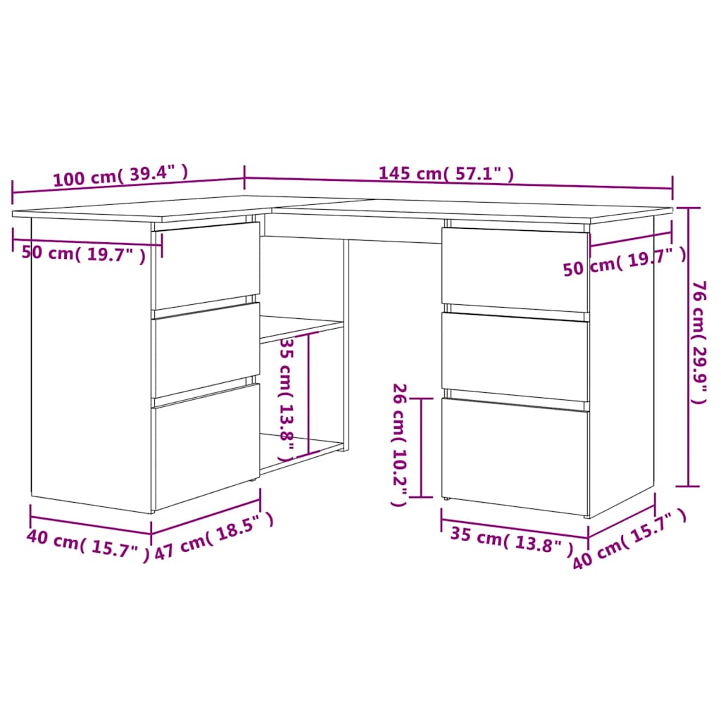 vidaXL Corner Desk Sonoma Oak 145x100x76 cm Engineered Wood