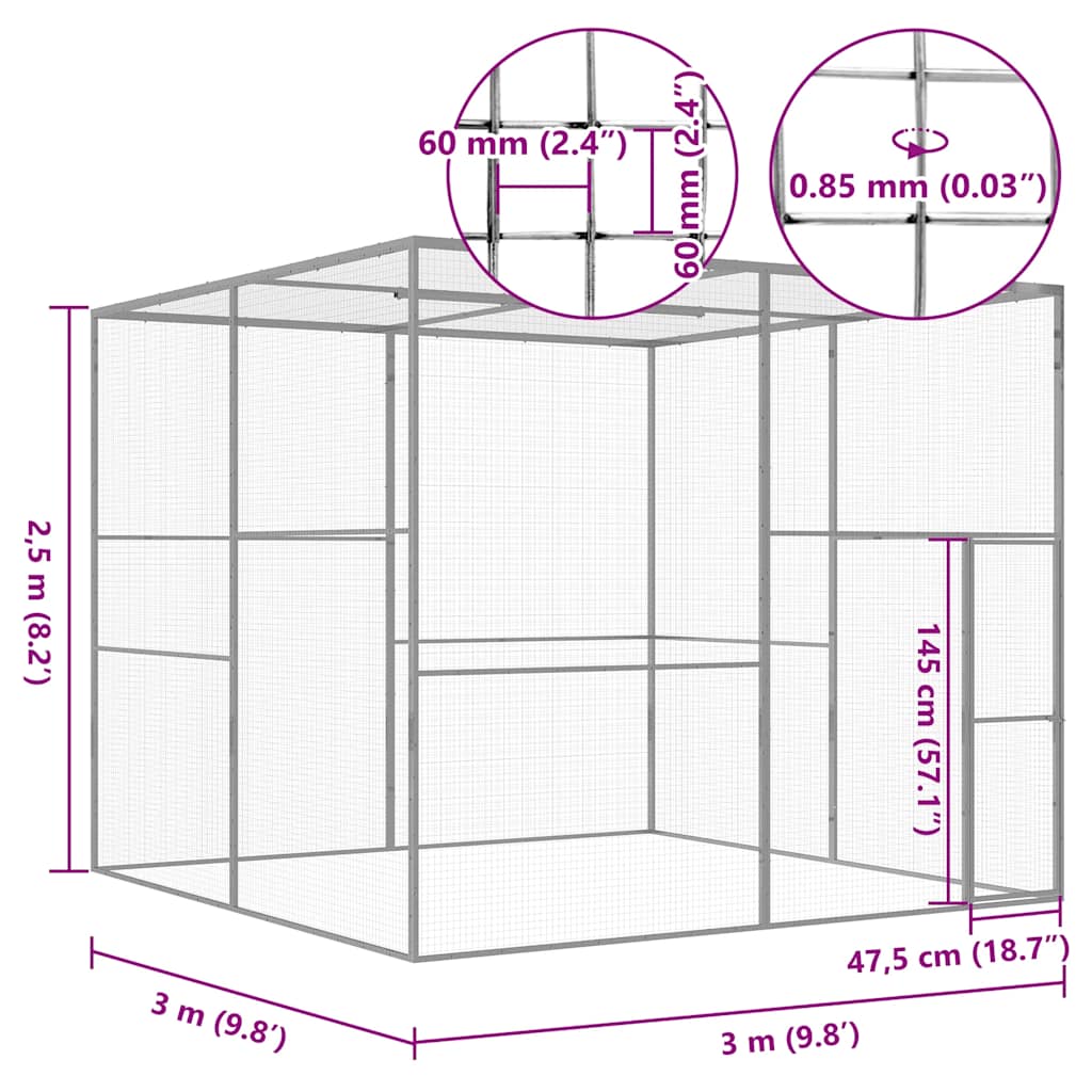 vidaXL Cat Cage 3x3x2.5 m Galvanised Steel