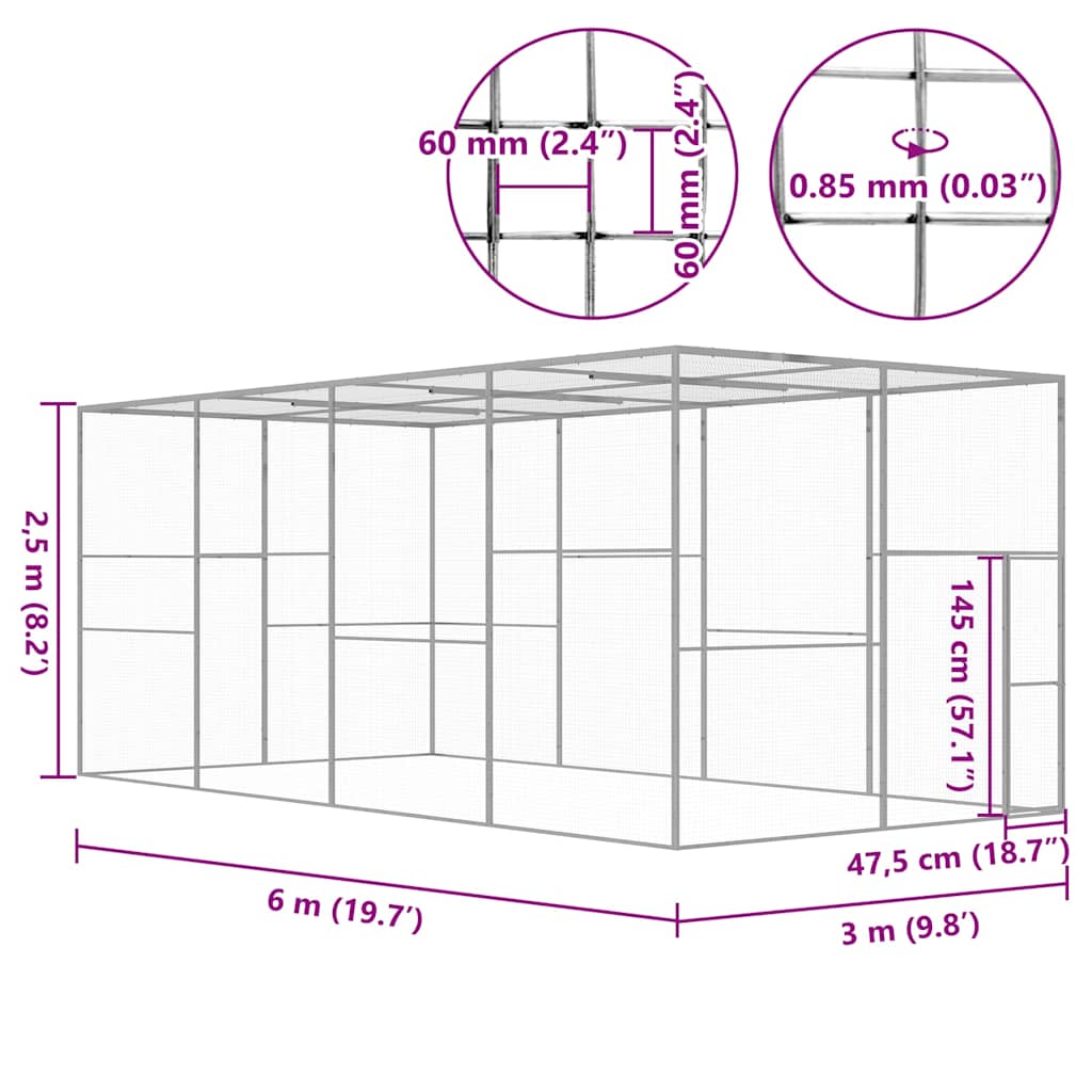 vidaXL Cat Cage | Silver | Galvanised Steel | 6 x 3 x 2.5 m | Durable | Cages