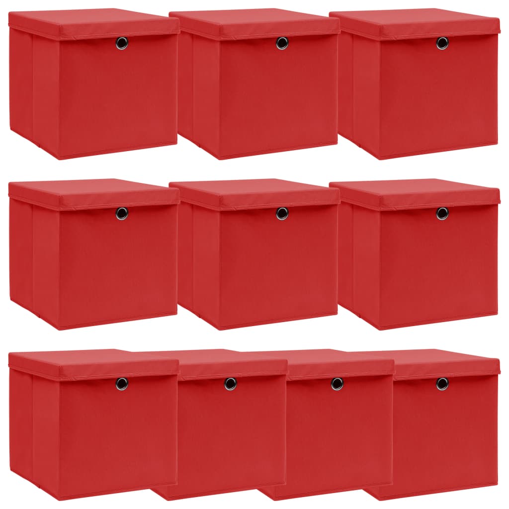 vidaXL Storage Boxes with Lids 10 pcs Red 32x32x32 cm Fabric