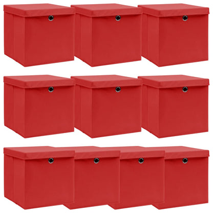 vidaXL Storage Boxes with Lids 10 pcs Red 32x32x32 cm Fabric