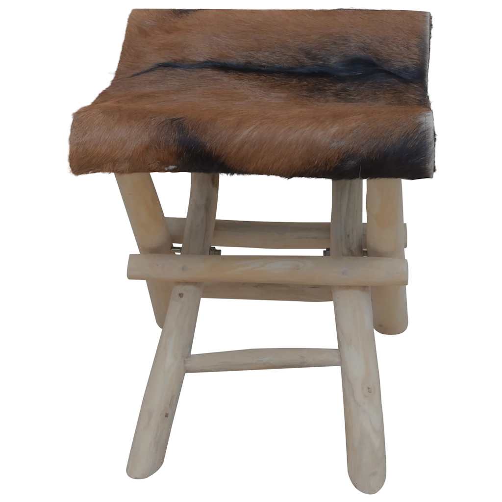vidaXL Folding Stool Goatskin Leather and Solid Teak Wood