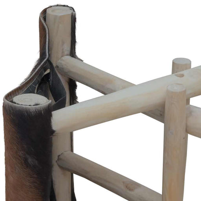 vidaXL Folding Stool Goatskin Leather and Solid Teak Wood