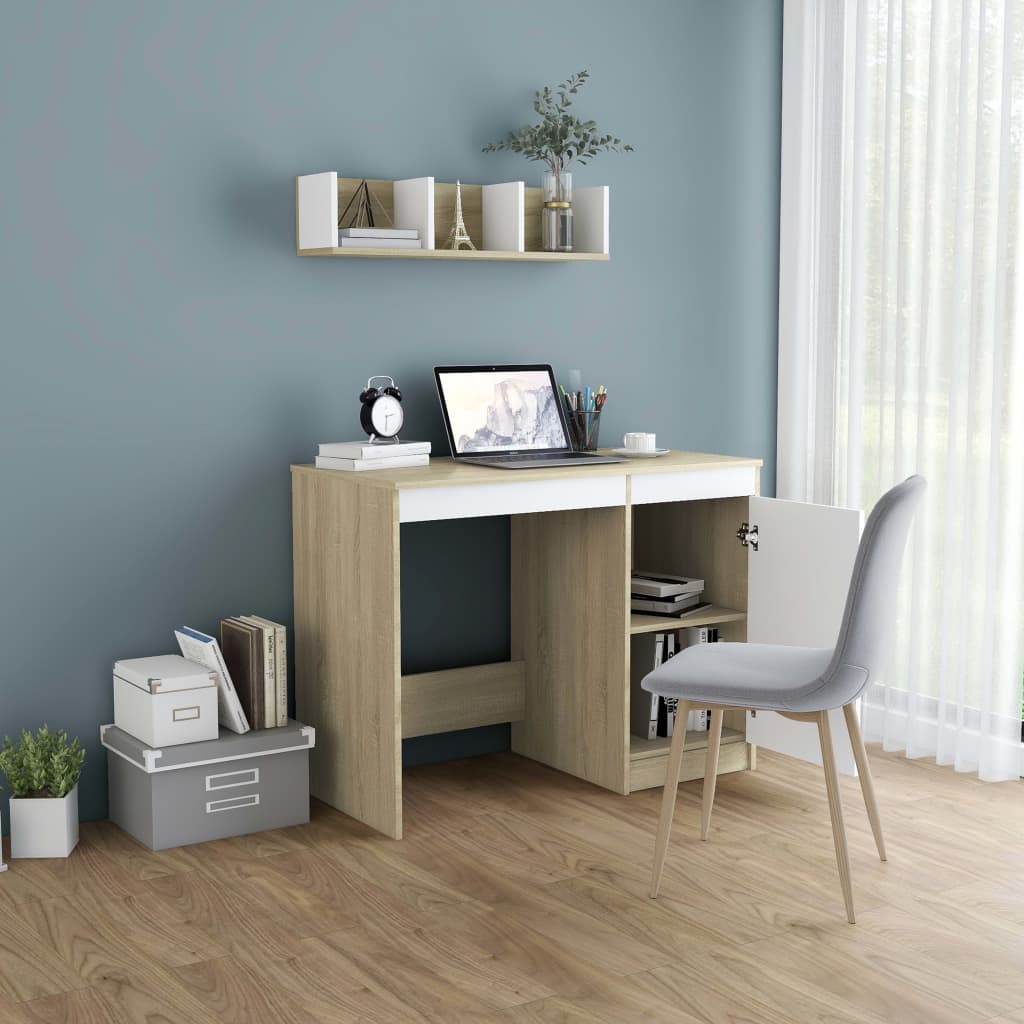 vidaXL Desk White and Sonoma Oak 100x50x76 cm Engineered Wood