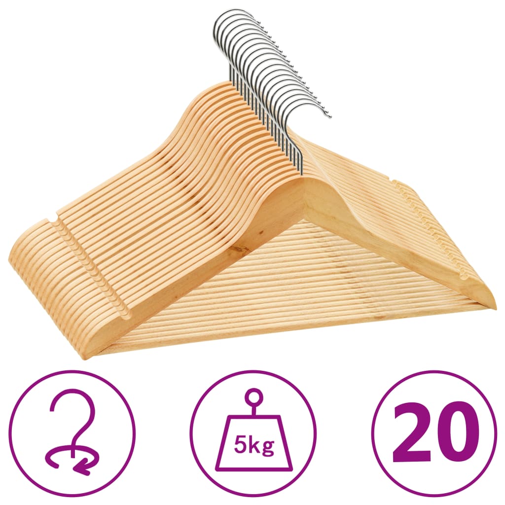 vidaXL Hanger | Set of 20 | Light Brown | Hardwood, metal | Standard | Rotatable
