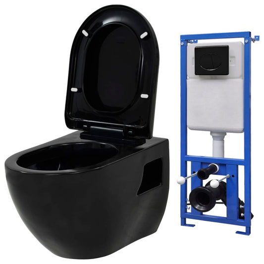vidaXL Wall-Hung Toilet with Concealed Cistern Ceramic Black