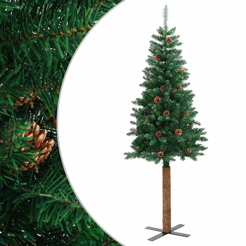 vidaXL Slim Christmas Tree with Real Wood and Cones Green 150 cm PVC