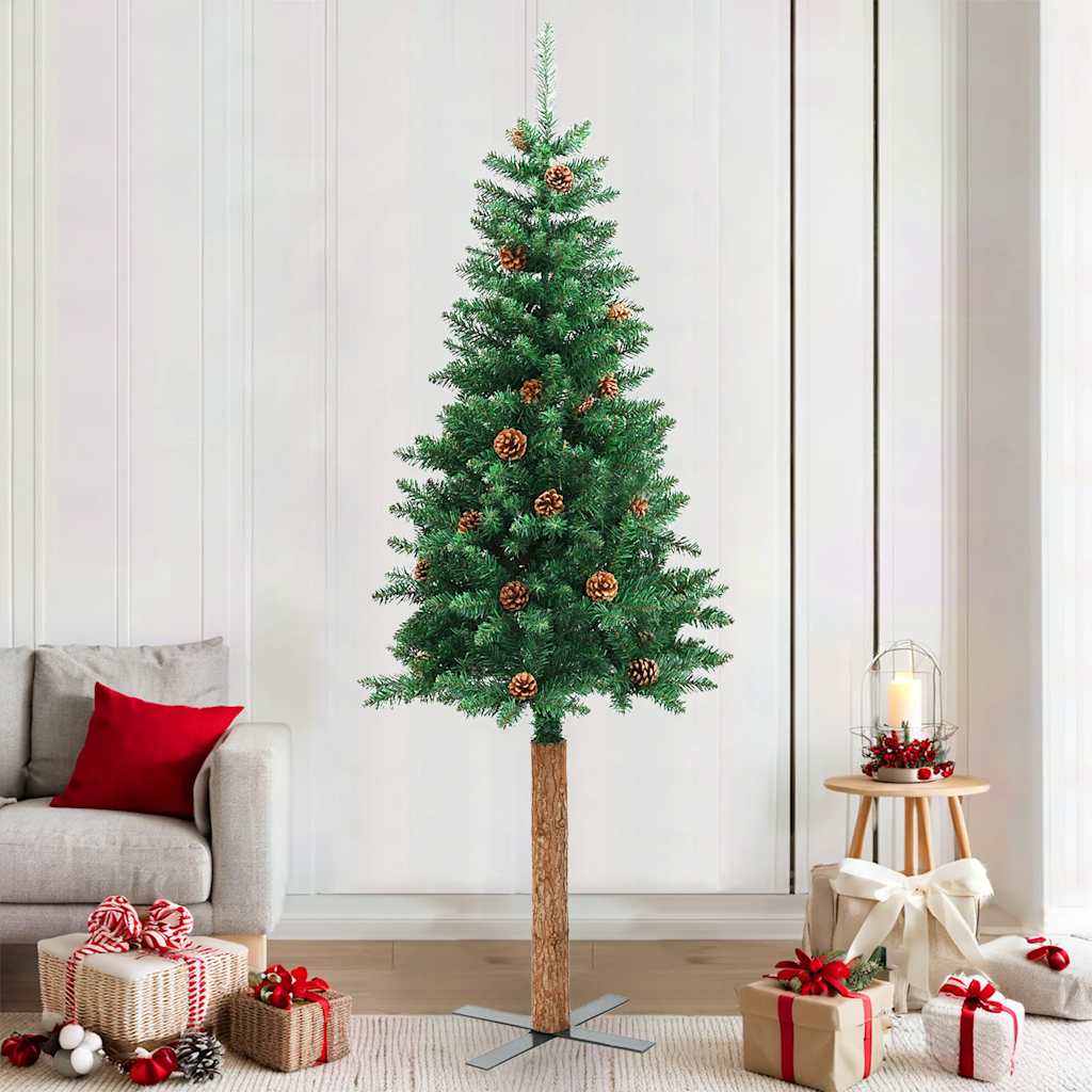 vidaXL Christmas Tree | Green | PVC, Solid Pine Wood, Powder-Coated Steel | Slim